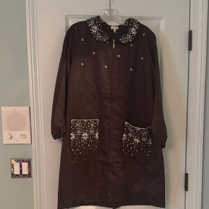 Anthropologie Dark Brown Suede Dress Coat with Crystal Beaded Details